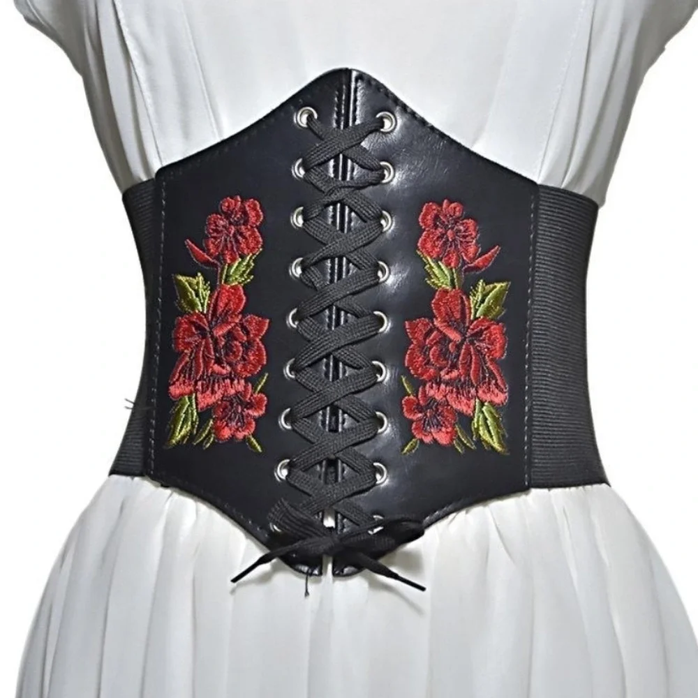 Floral Embroidered Corset Boho Black Waist Belt Elastic Western Whimsigoth